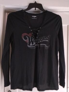 Express Black Lace-Up 'Weekend' Graphic Long Sleeve Tee